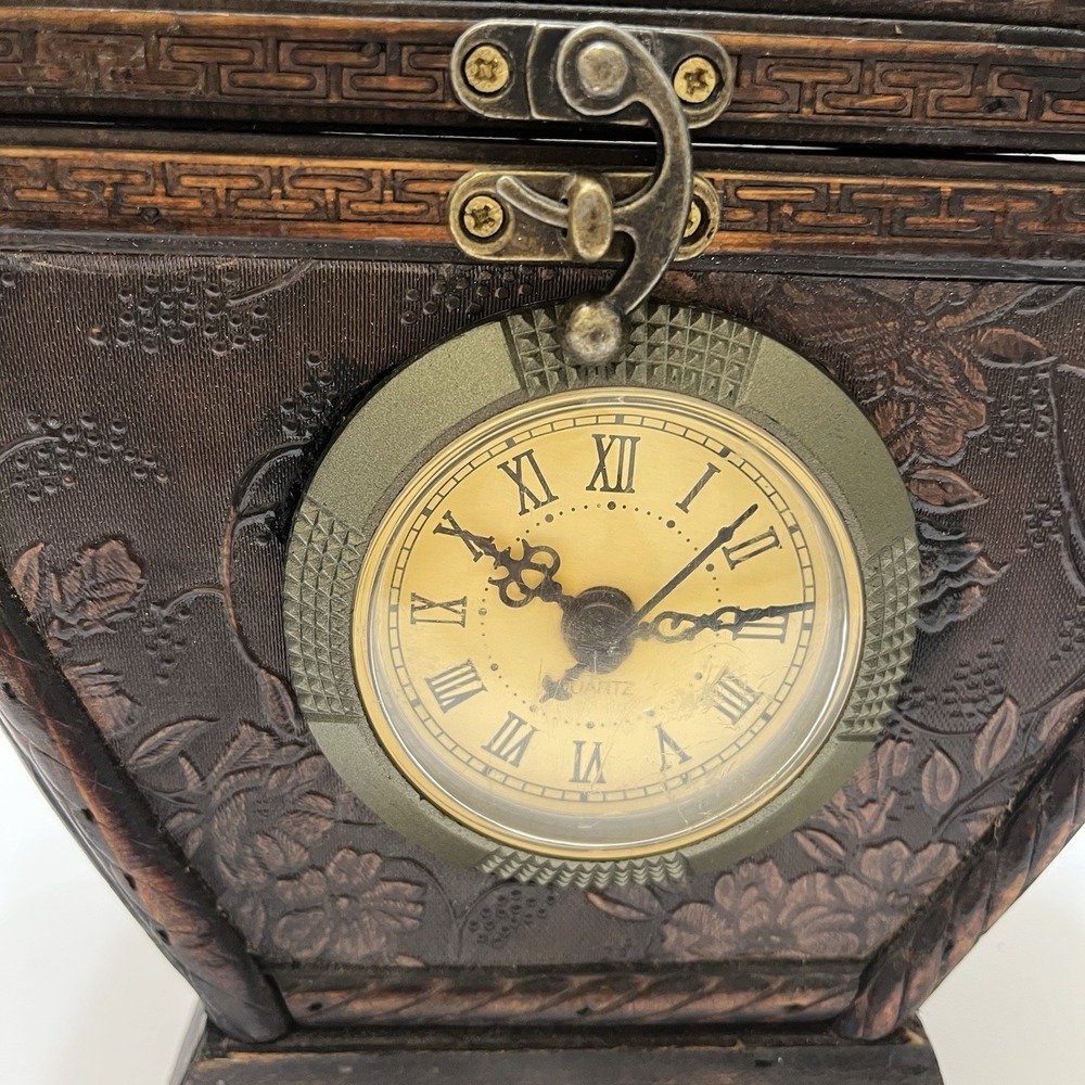 Vintage-Style Wooden Clock/Keepsake Box Hinged Lid Velvet Lined Latch Triangle - Picture 2 of 14